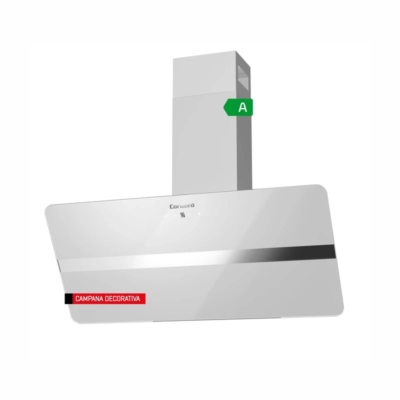Corberó – Decorative Hood VICTORIA960W, White Glass 90 cm, 165W, 3 Speeds, Touch Control, Flow Rate 594.2 m3/h, Tempered Glass, 1 x Aluminium Filter, Carbon Filter, E.Energy A