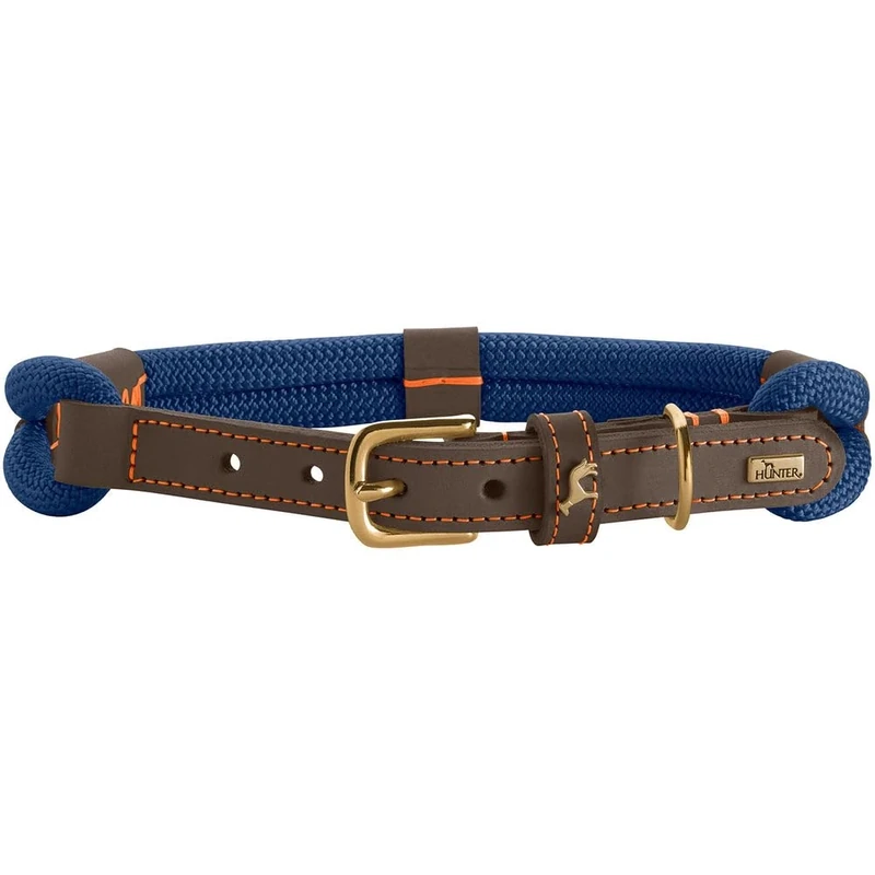 HUNTER Malia Dog Collar, Colour: Dark Blue/Dark Brown, Made of Soft Rope and Robust Leather, Lightweight, Durable, Modern & Elegant Look, Fresh Colours, Made in Germany, Size: 60