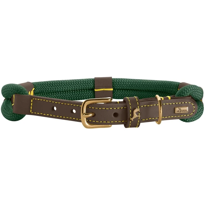 HUNTER Malia Dog Collar, Colour: Dark Green/Dark Brown, Made of Soft Rope and Robust Leather, Lightweight, Durable, Modern & Elegant Look, Fresh Colours, Made in Germany, Size: 50