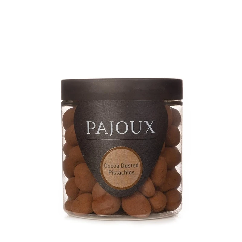 Pajoux Cocoa Dusted Pistachios (Small) 170g | Chocolate Covered Nuts - Whole Pistachios - Cocoa Dusted Covered Nuts - Chocolate in a Gift Jar