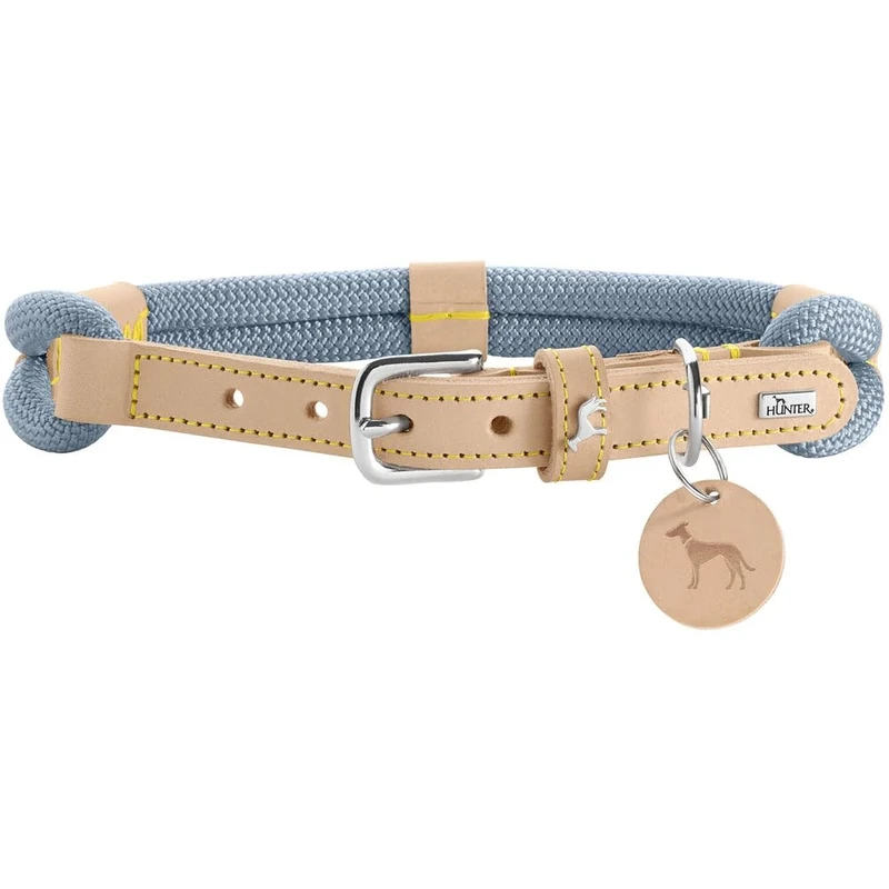 HUNTER Malia Dog Collar Colour: Dove Blue/Natural, Made of Soft Rope and Robust Leather, Lightweight, Durable, Modern & Elegant Look, Fresh Colours, Made in Germany, Size: 65