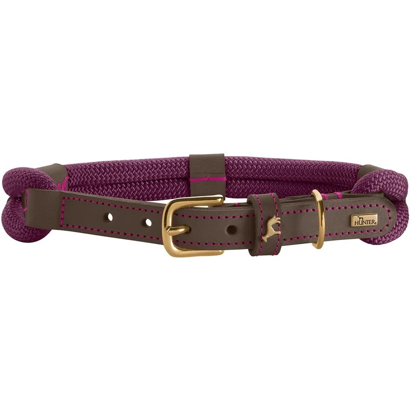 HUNTER Malia Dog Collar, Colour: Blackberry/Dark Brown, Made of Soft Rope and Robust Leather, Lightweight, Durable, Modern & Elegant Look, Fresh Colours, Made in Germany, Size: 50