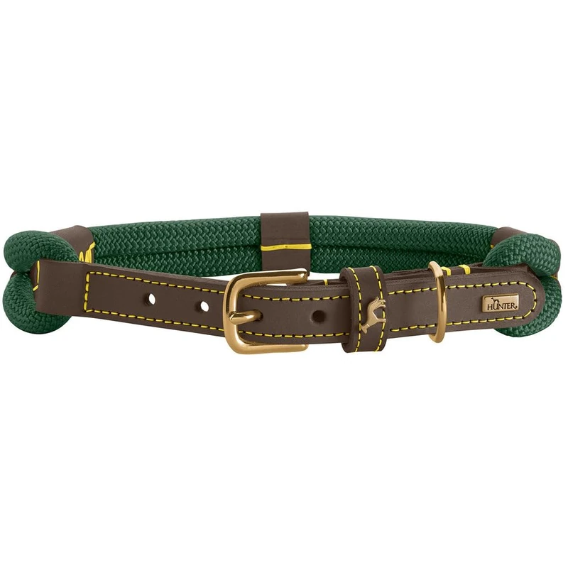 HUNTER Malia Dog Collar, Colour: Dark Green/Dark Brown, Made of Soft Rope and Robust Leather, Lightweight, Durable, Modern & Elegant Look, Fresh Colours, Made in Germany, Size: 55