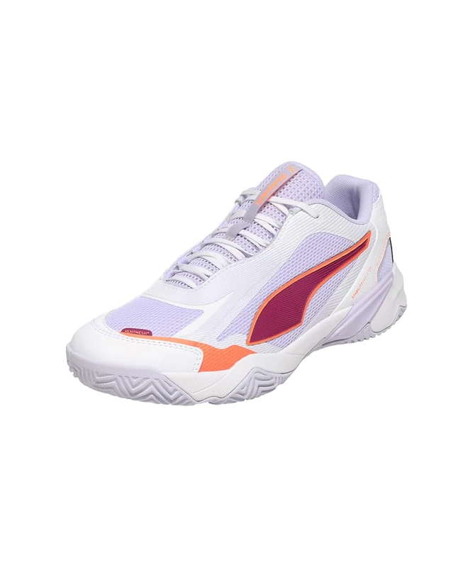 PUMA Unisex SOLARSTRIKE W+ 4 Indoor Court Shoe, White-Heat FIRE-Lilac Crush-Berry, 8 UK