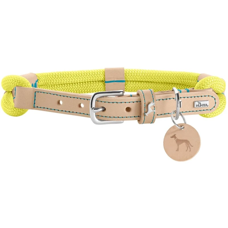 HUNTER Malia Dog Collar, Colour: Lime/Natural, Made of Soft Rope and Robust Leather, Lightweight, Durable, Modern & Elegant Look, Fresh Colours, Made in Germany, Size: 55