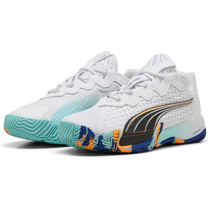 PUMA Unisex NOVA Elite Tennis Shoe, White Black-Vivid Blue-Heat FIRE, 4.5 UK