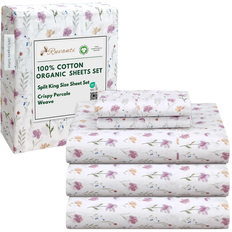Ruvanti 100% Organic Cotton Percale Sheet Set Split King, Obsessed Stems