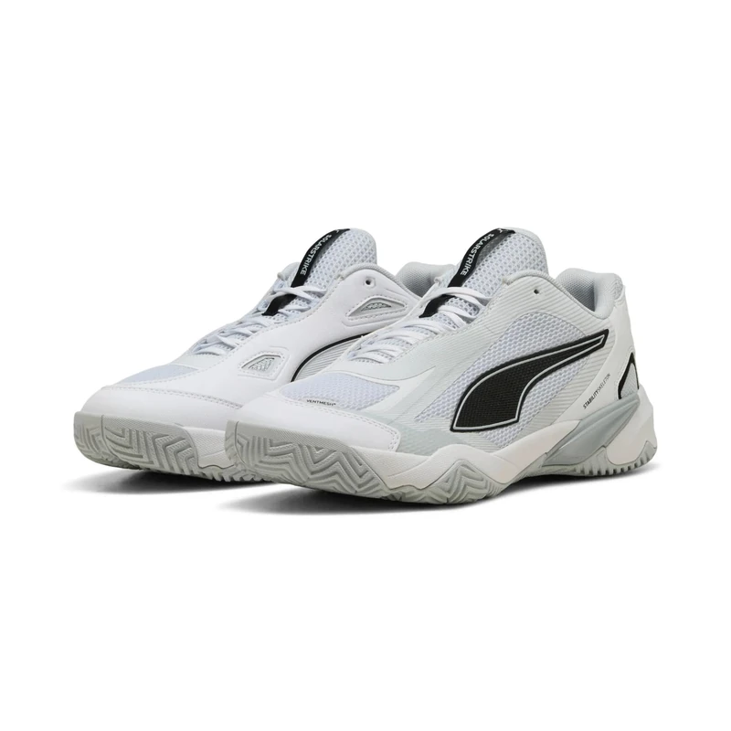 PUMA Unisex SOLARSTRIKE 4 Indoor Court Shoe, White Black-Silver Mist-Platinum Gray, 5 UK
