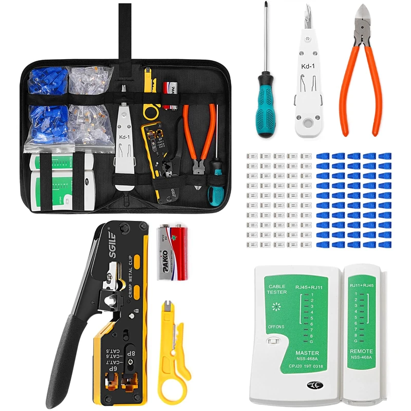 SGILE RJ45 Crimping Tool Kit, Pass Through Crimper Stripper Cutter, All-in-One for Cat5 Cat6 Cat7, Ethernet Crimp Tool Kit Network Tool Kits, Computer Maintenance LAN Cable Tester, Network Repair Kit - Image 1