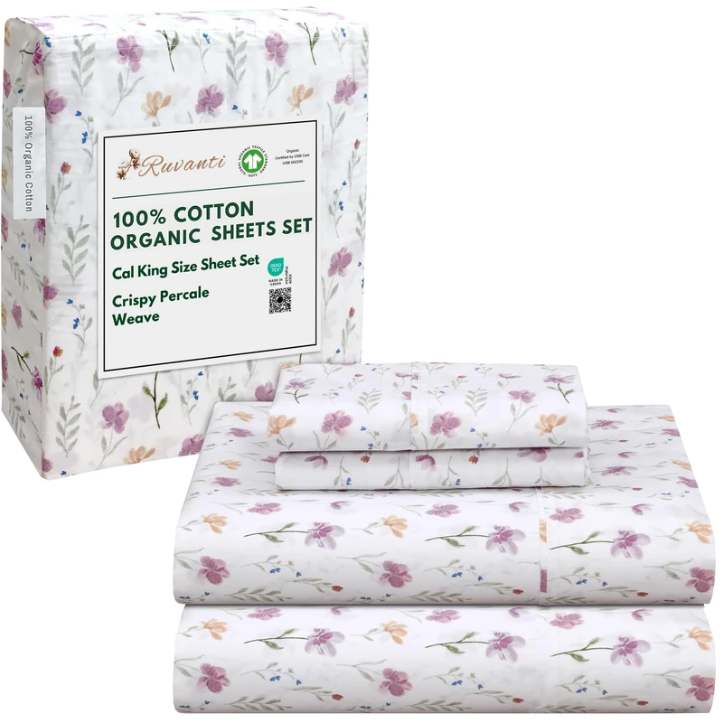 Ruvanti 100% Cotton Organic Percale Sheets Cal King, Obsessed Stems