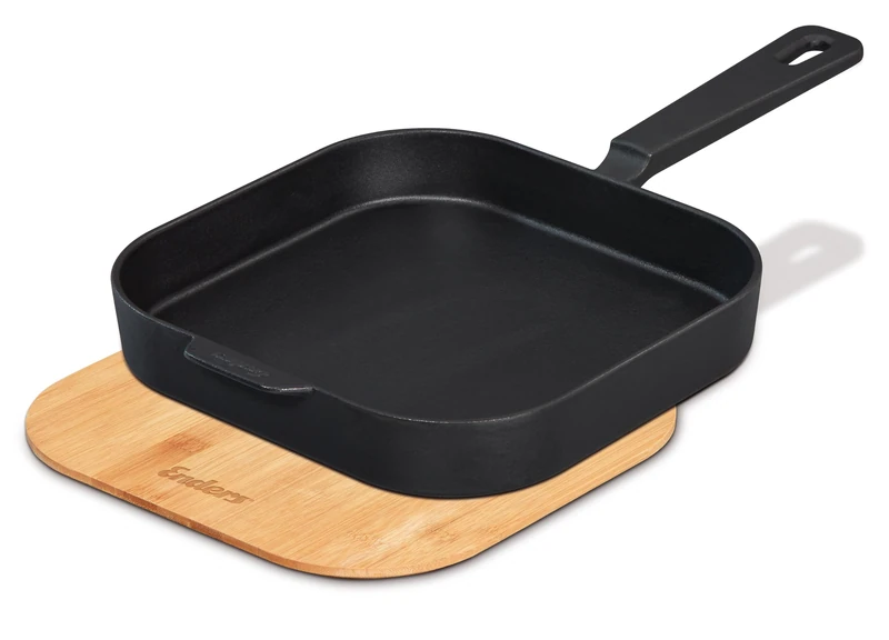 Enders® Cast Frying Pan L, High Rim, Even Heat Distribution and Storage, Can be Used on The Grill, Camping Stove, Stove or Open Fire, Includes Bamboo Board/Lid W 38 x D 50 x H 6 cm #8773