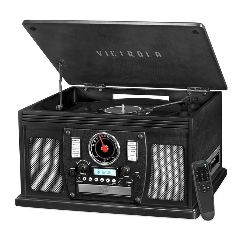 Victrola Navigator 8-in-1 Bluetooth Record Player with Built-in Speakers – 3 Speed Turntable, CD Player, Cassette, FM Radio, USB, RCA Out, Headphone Jack, Wireless Music Streaming, Real Wood (Black)