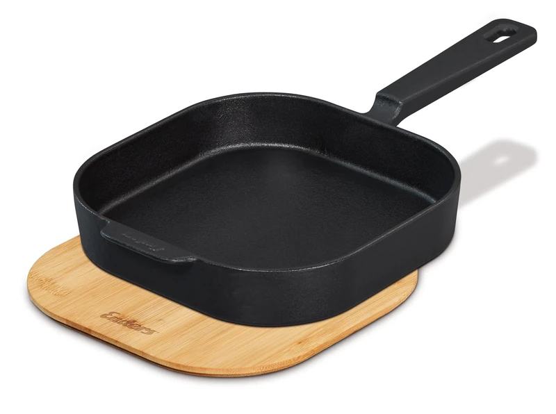 Enders® Cast Frying Pan M, High Rim, Even Heat Distribution and Storage, Can be Used on The Grill, Camping Stove, Stove or Open Fire, Includes Bamboo Board/Lid W 23 x D 50 x H 6 cm #8772