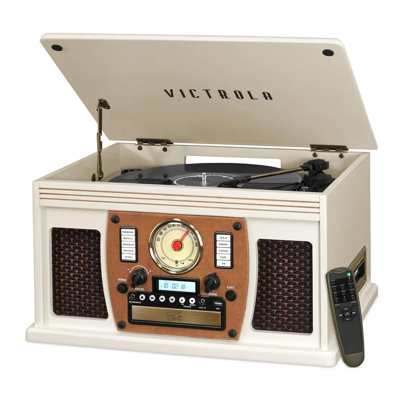 Victrola Navigator 8-in-1 Bluetooth Record Player with Built-in Speakers – 3 Speed Turntable, CD Player, Cassette, FM Radio, USB, RCA Out, Headphone Jack, Wireless Music Streaming, Real Wood (White)