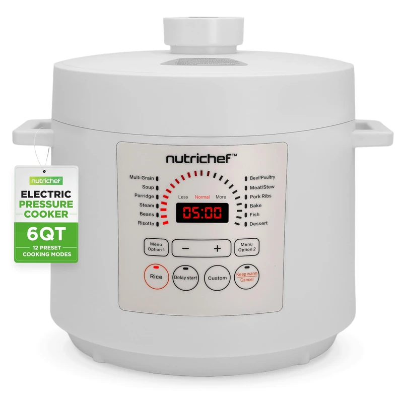 NutriChef Pressure Cooker Electric Multi Cooker 6L – 12 in 1 Multicooker Digital One Pot Cooker with Presets, Non Stick Inner Pot, Adjustable Time & Temperature, White
