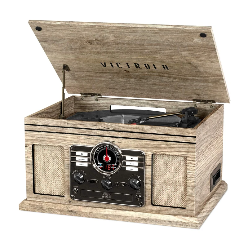 Victrola The Quincy 6-in-1 Bluetooth Record Player & Multimedia Centre with Built-in Speakers – 3-Speed Turntable, CD & Cassette Player, AM/FM Radio, Wireless Music Streaming (Farmhouse Oatmeal)