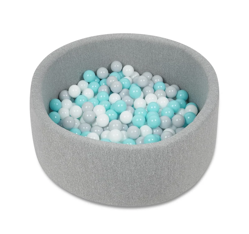Babyzee Kids Foam Ball Pit includes 200 Balls, Kids Ball Pool, Ball Pit 90cmx30cm - Light Grey, Balls 6cm Diameter - Blue, Grey & White