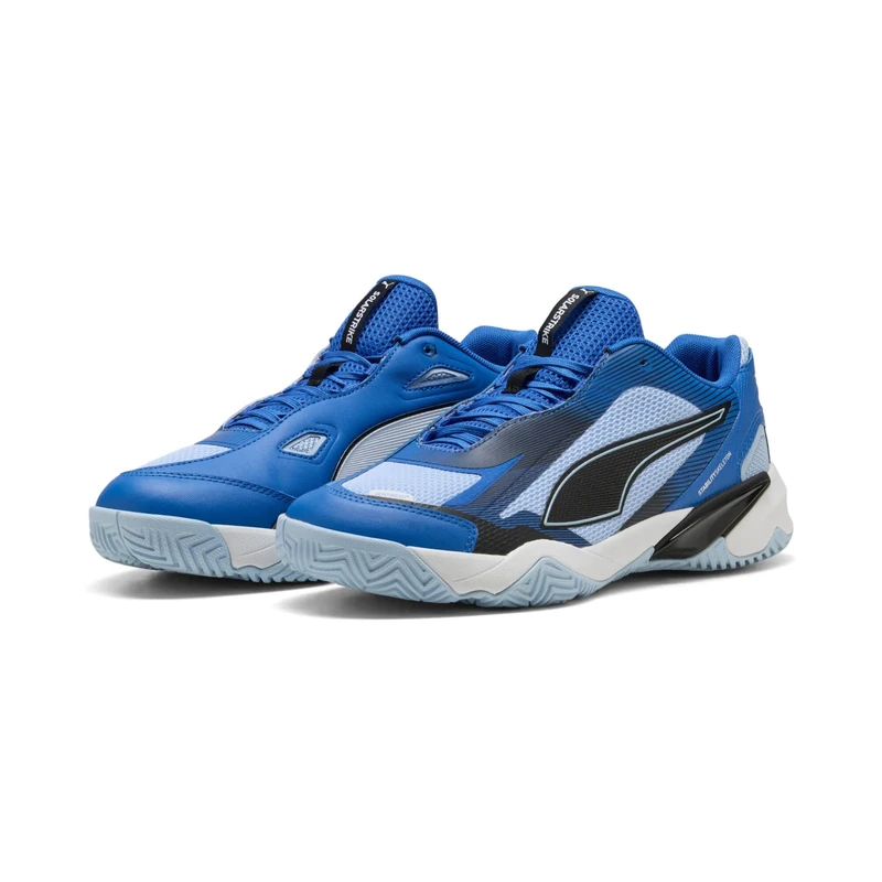 PUMA Unisex SOLARSTRIKE 4 Indoor Court Shoe, Mountain Blue Black-Haute Tropic White, 11.5 UK