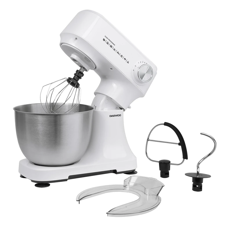 Daewoo Essentials Stand Mixer 3.5 Litres With Stainless Steel Bowl, 3 Attachments Flat Beater, Balloon Whisk, Dough Hook, Splash Guard, 12 Speeds Plus Pulse, Suction Feet For Stability