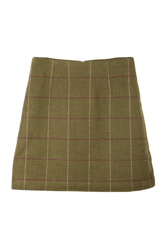 Ladies Short Tweed Skirt Womens Wool Mini Checked Country Work Skirts (UK, Numeric, 14, Regular, Regular, Olive Tweed)