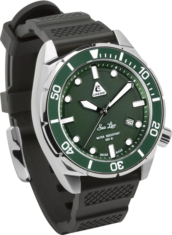 Cressi Sea Lion Paraggi Edition Professional Automatic Diving Watch, Swiss Made 30 ATM Sapphire Glass Steel Case Rubber Strap, Water Resistant 300m, Silver/Green 44mm