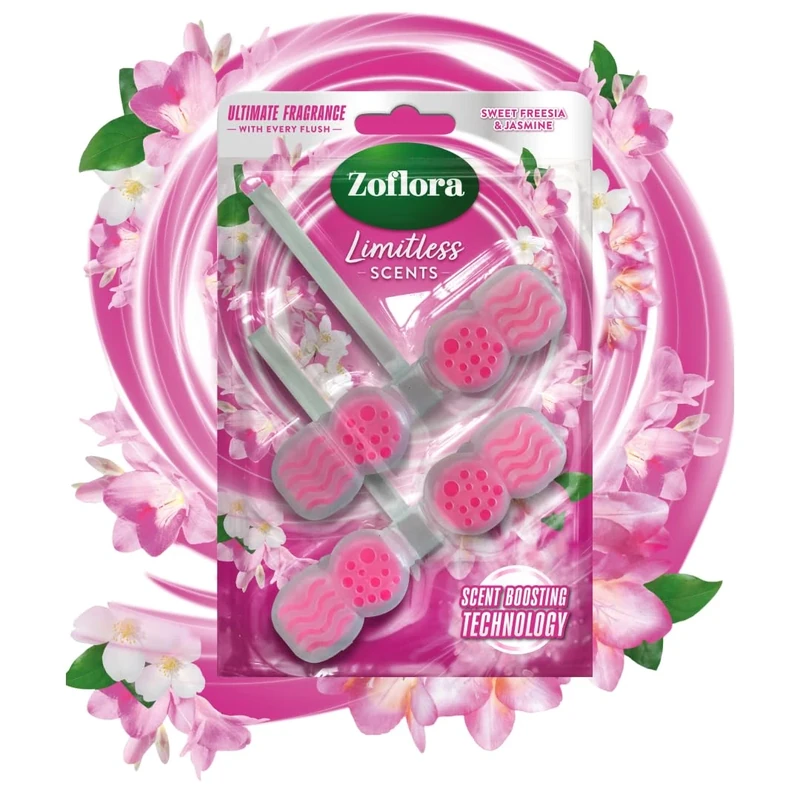 Zoflora Rim Blocks Freesia & Jasmine, 2 x 131g Pack, Freshness & Odour Control, Long-Lasting Floral Fragrance, Kills 99.9% of Bacteria