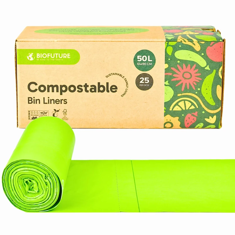Biofuture 50L Compostable Bags | Fits 49-51L Large Garden & Compost Waste Bags | EN13432 Certified Council Compostable Bags | 25 Bin Liners, 50L