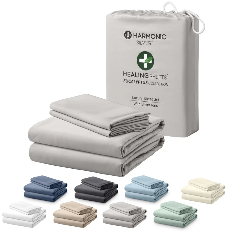 HARMONIC SILVER Eucalyptus Collection Queen Size Sheet w/Silver Ions | 100% Tencel | Ultra Soft | Cooling for Hot Sleepers | 18" Deep Pocket [Grey]