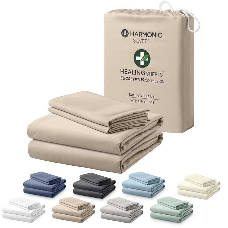 HARMONIC SILVER Eucalyptus Collection Queen Size Bed Sheets Set | 100% Tencel Lyocell w/Silver Ions | Ultra Soft, Cooling for Hot Sleepers, 18" Deep Pocket | Fitted/Flat Sheet, 2 Pillowcases [Dune]