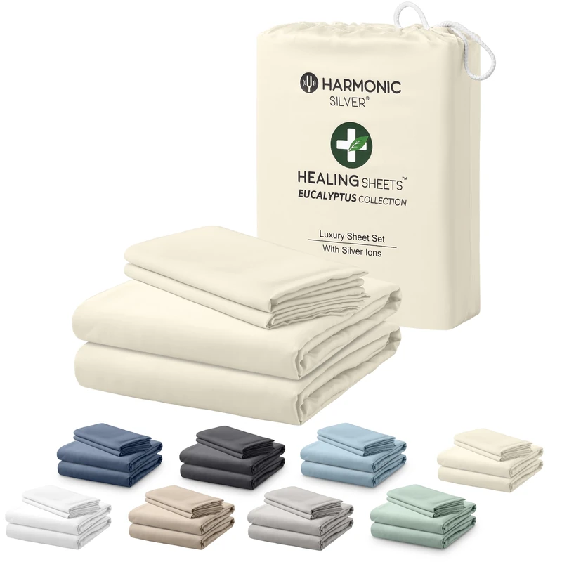 HARMONIC SILVER Eucalyptus Collection Queen Size Sheet w/Silver Ions | 100% Tencel | Ultra Soft | Cooling for Hot Sleepers | 18" Deep Pocket [Ivory]