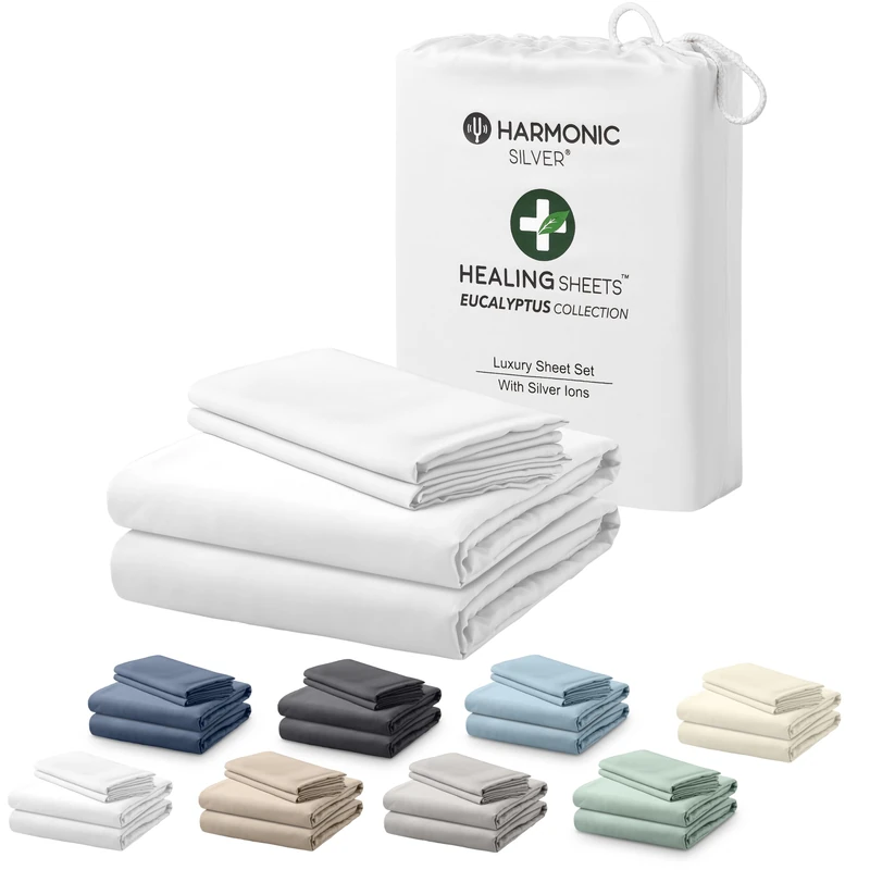 HARMONIC SILVER Eucalyptus Collection Queen Size Bed Sheets Set | 100% Tencel Lyocell w/Silver Ions | Ultra Soft, Cooling for Hot Sleepers, 18" Deep Pocket | Fitted/Flat Sheet, 2 Pillowcases [White]