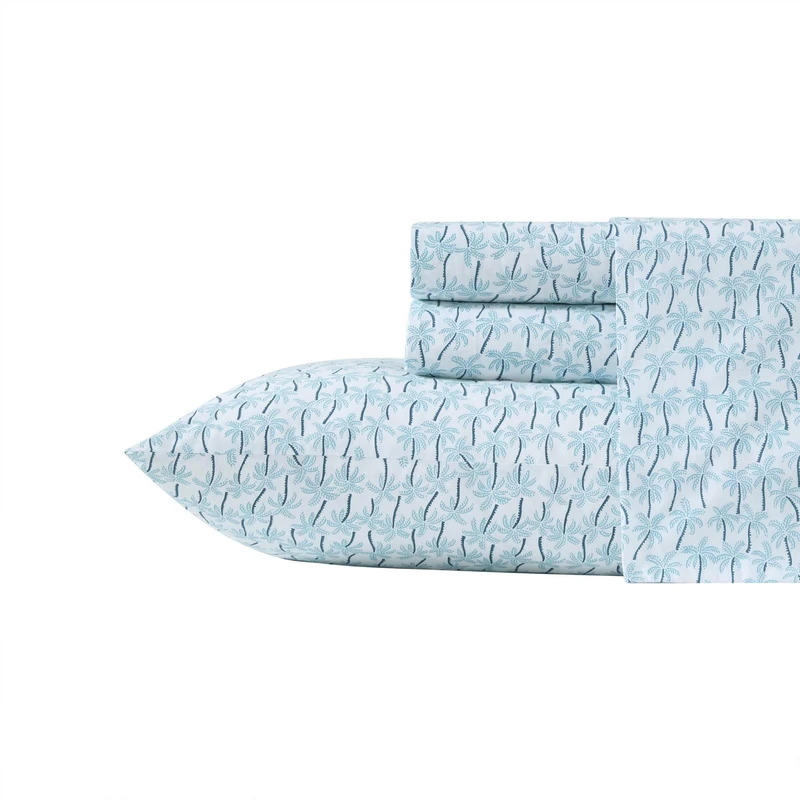 Tommy Bahama - Queen Sheet with Matching Shams, Super Soft Cotton Percale Bedding with Matching Shams, Tropical Home Decor, Oeko-Tex Certified (Palmtastic Blue, Queen)