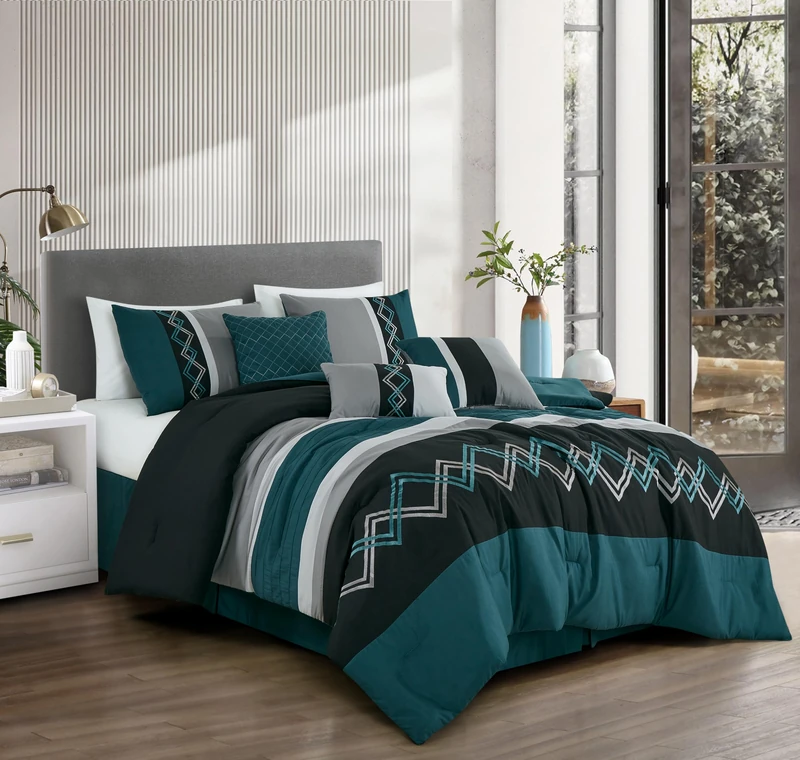Chezmoi Collection Arden 7 Pieces Modern Pleated Striped Embroidered Zig Zag Duvet Cover Set (Queen, Teal/Black/Grey) - Image 1