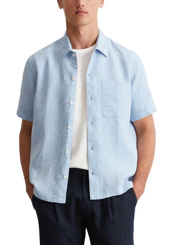 Marc OߴPolo Men's Regular Fit Short Sleeve Linen Shirt, Blue (Mulit/Angels Wings), XL