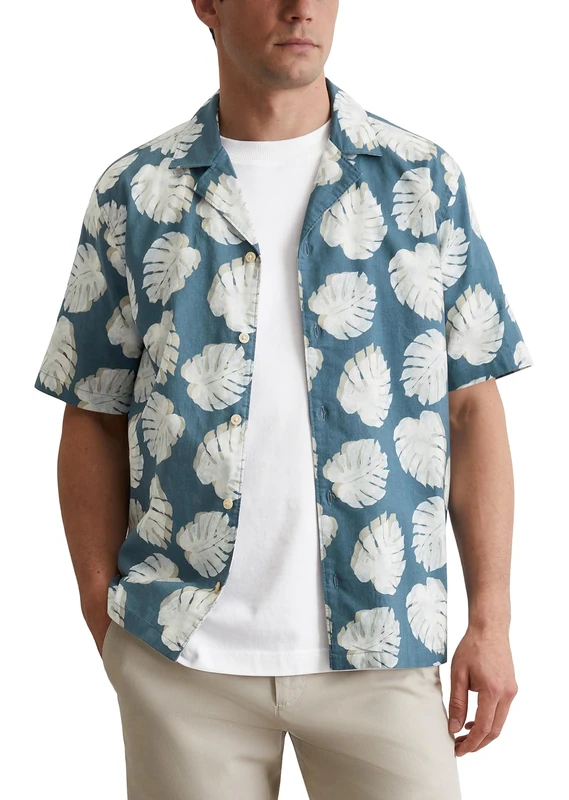 Marc OߴPolo Men’s Linen Cotton Blend Short Sleeve Shirt with Allover Print, Blue (Multi/Storm), L
