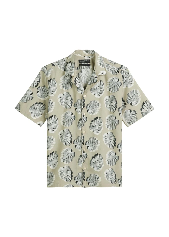 Marc OߴPolo Men’s Linen Cotton Blend Short Sleeve Shirt with Allover Print, Beige (Multi/Pure Cashmere), XL