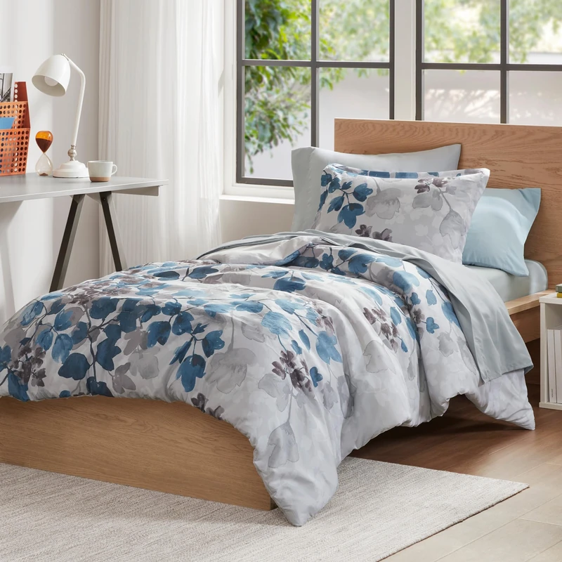 Madison Park Essentials Twin XL Comforter Set with Sheets, Floral Bed in A Bag Soft Microfiber Comforter for Twin XL Size Bed, All Season Lightweight Comforters Twin XL Bed Set, Alexis, 6 Piece Blue