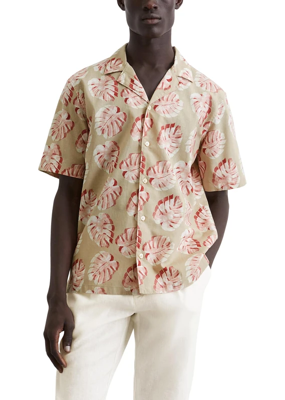 Marc OߴPolo Men’s Linen Cotton Blend Short Sleeve Shirt with Allover Print, Beige (Multi/Pure Cashmere), L