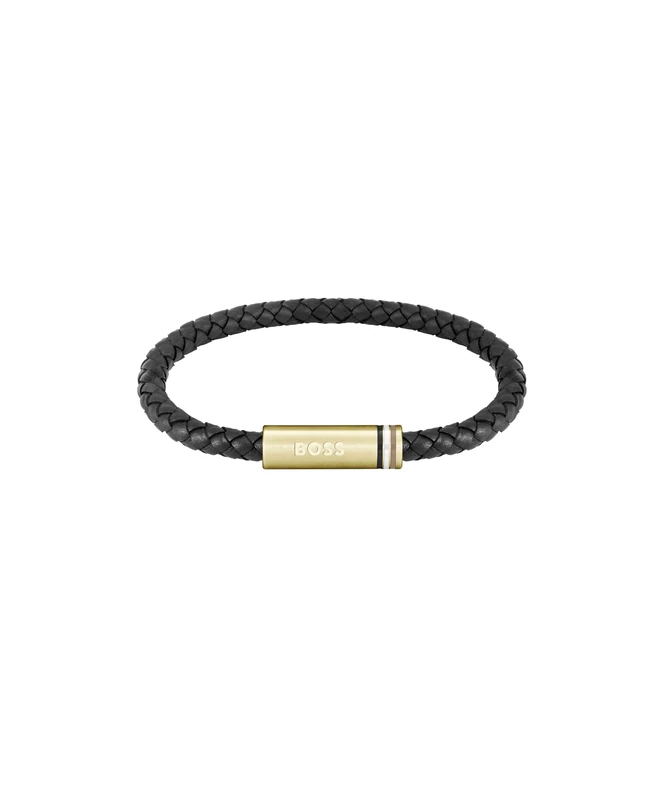 BOSS Jewelry Men's ARES SINGLE Collection Bracelet with Black Leather and Gold Stainless Steel Closure - 1580624