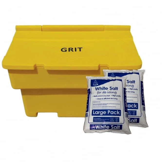 BiGDUG Essentials Salt Grit Bin - Heavy Duty Stackable Salt & Grit Storage Box - 200L Capacity Yellow - 1020W x 520D x 720H mm (1 Box & 8 Salt Bags)
