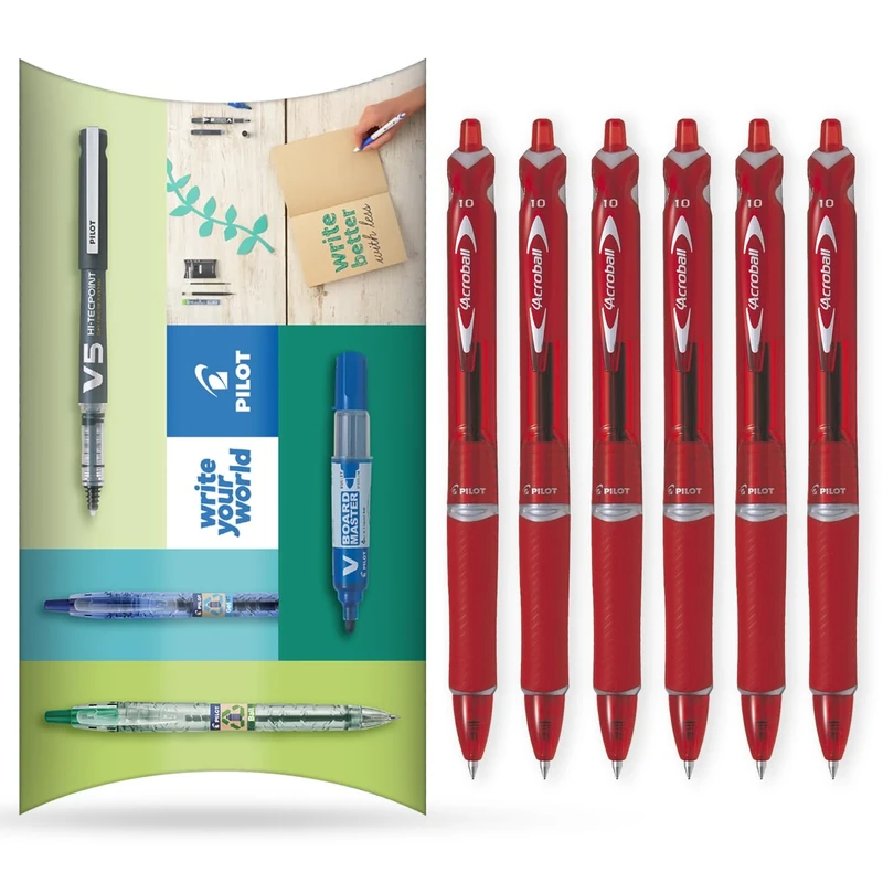 PILOT Acroball Retractable Ballpoint Pen - Begreen Range 79% Recycled - Pack of 6 Pens - Medium 1.0mm Nib - In Envelope Gift Packaging - Ideal for Writing, School, Home, Office. (Red)