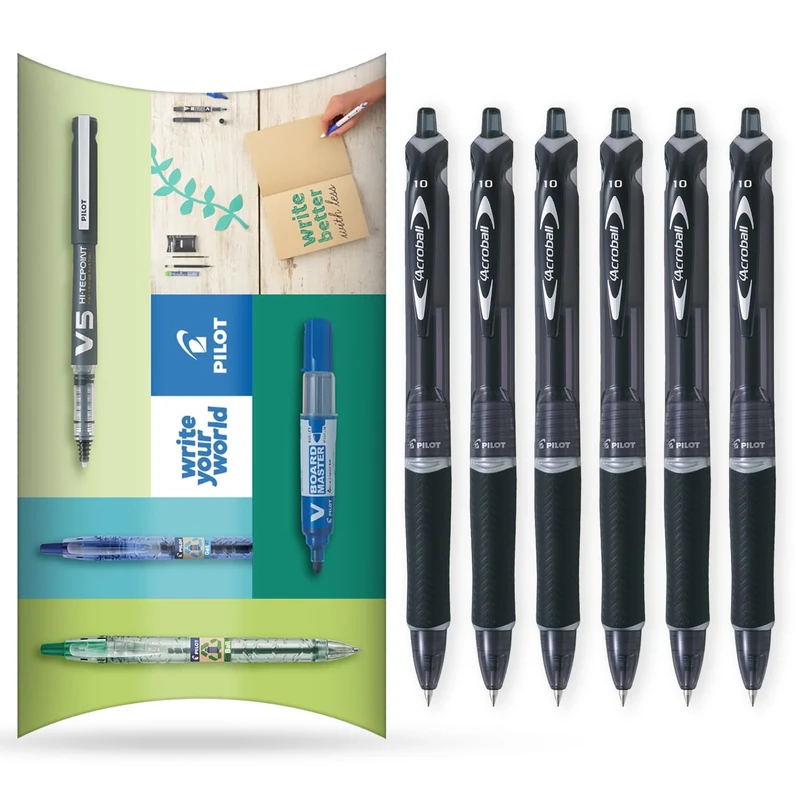 PILOT Acroball Retractable Ballpoint Pen - Begreen Range 79% Recycled - Pack of 6 Pens - Medium 1.0mm Nib - In Envelope Gift Packaging - Ideal for Writing, School, Home, Office. (Black)