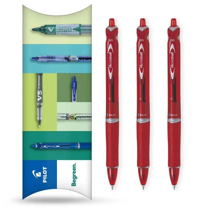 PILOT Acroball Retractable Ballpoint Pen - Begreen Range 79% Recycled - Pack of 3 Pens - Medium 1.0mm Nib - In Envelope Gift Packaging - Ideal for Writing, School, Home, Office. (Red)