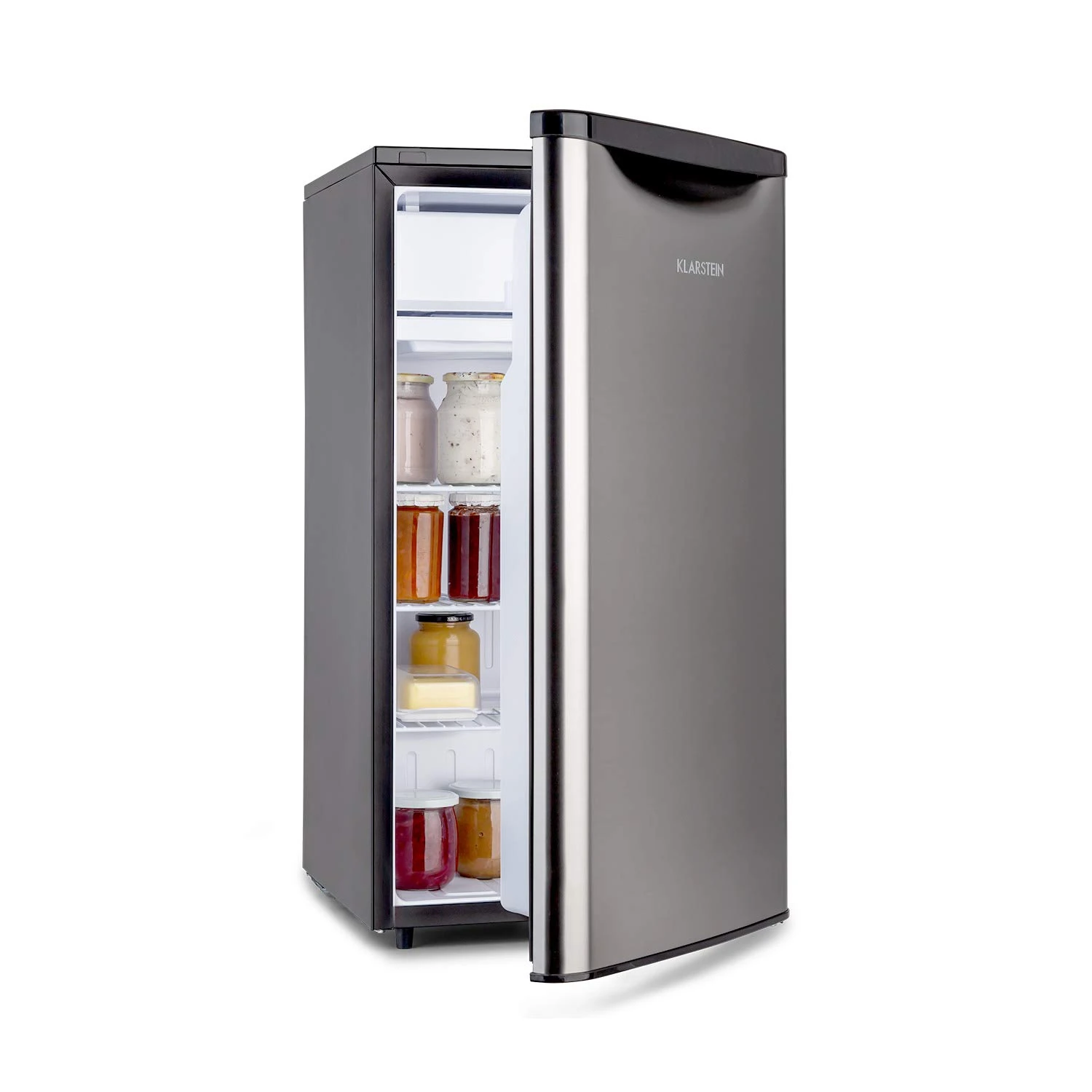 KLARSTEIN Yummy - Refrigerator with freezer compartment, refrigerant: R600a, 42 dB, 1 x wire shelf, including drip tray, 90 L, freezer compartment: 8 liters, refrigerator: 90 L, silver