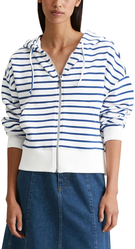 Marc O'Polo Denim Women's Organic Cotton Striped Sweat Jacket, blue, L