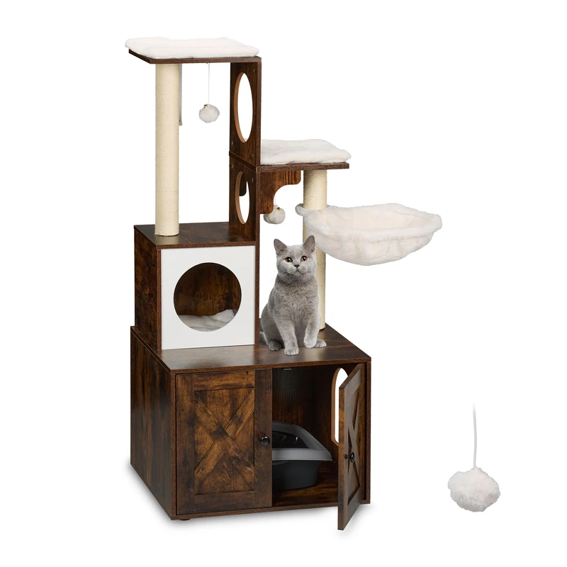 Relaxdays Cat Tree with Litter Box Enclosure, 128x95x52 cm, Sisal Posts & Plush Bed, Scratching Tower, Brown/White