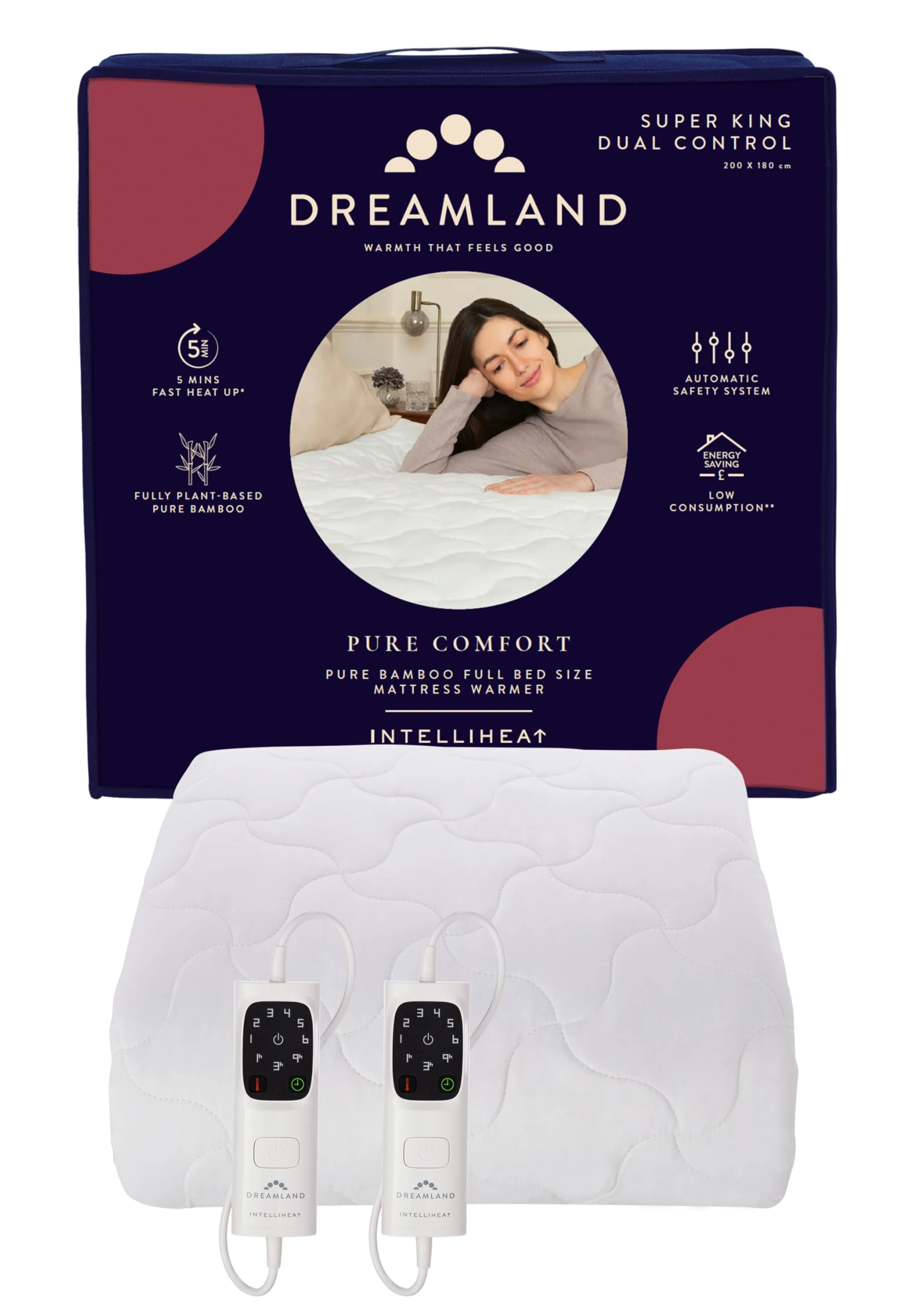 Dreamland – Super King 100% Bamboo Electric Blanket, 2 Detachable controls, Fast Heating Underblanket, 6 Heat Settings, Hypoallergenic, Auto Safety Shut Off, 200x180cm, Heated Blanket, Super King Bed