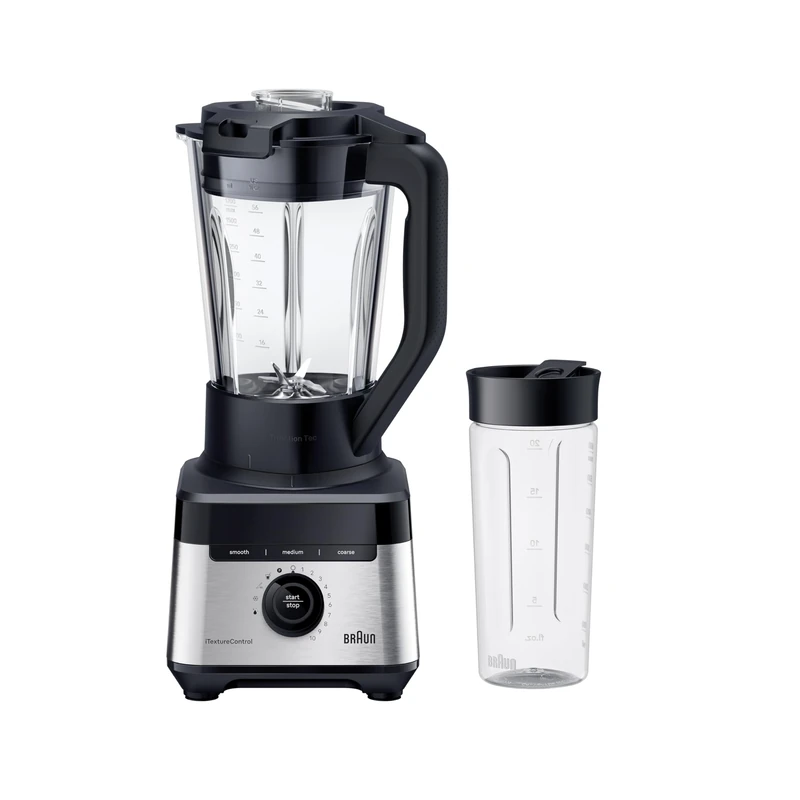 Braun PowerBlend 7 JB7550BK, Jug Blender with Triangular Glass Jug, 10 Speed Pulse Function, PrecisionCrush Blade, Clean Program, Tamper and 600ml Bottle Included, 1400W, Black