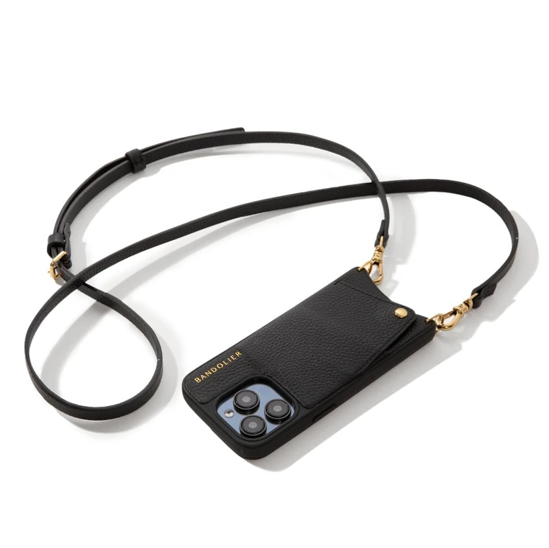 Bandolier Emma Crossbody Wallet Phone Case for iPhone 16 Pro Max. 100% Genuine Pebble Leather. Adjustable & Removable Crossbody Strap. Card Holder with Snap Closure. Black with Gold Hardware - Image 1