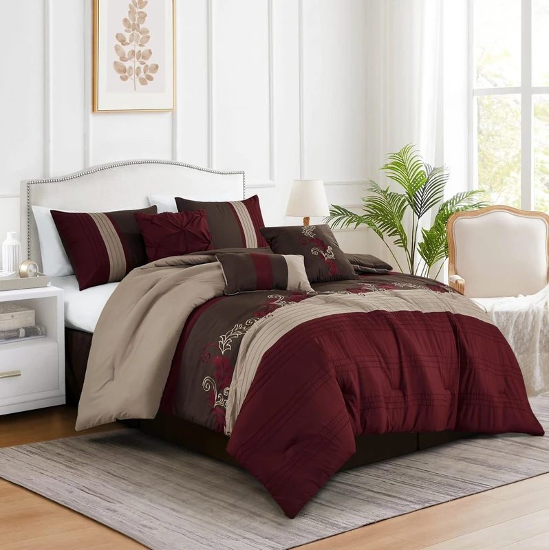 Chezmoi Collection Napa 7-Piece Luxury Leaves Scroll Embroidery Bedding Comforter Set (Queen, Burgundy/Taupe/Brown)